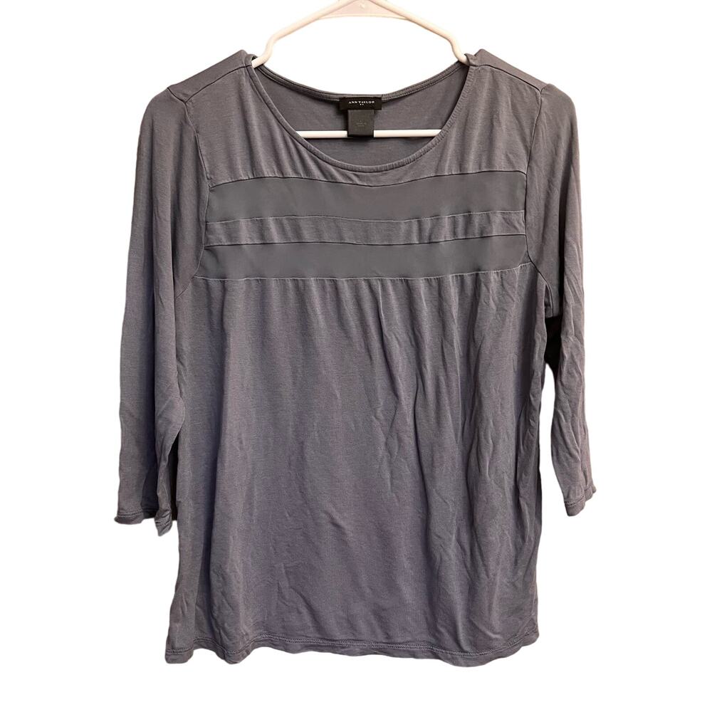 Ann Taylor 3/4 Length Sleeve Lightweight Front Mesh Blue Gray Blouse Size Large